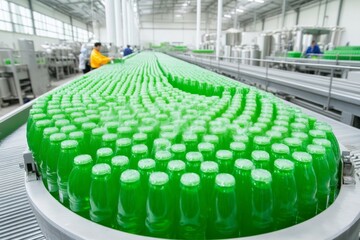Fototapeta premium Bottles of green beverage moving along a production line in a factory