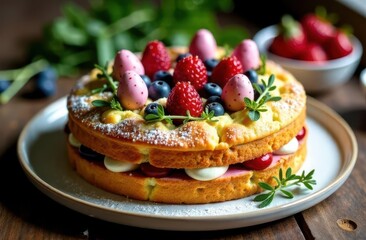 Spring cake topped with fresh berries and pastel eggs for celebration