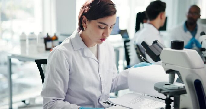 Paper, scientist and woman with medical research in lab for peer review, study or chemistry innovation. Document, development and science test for experiment results, pharma notes and reading binder