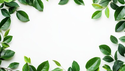 Fresh green leaves frame on white background (3)