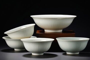several white bowls and bowls are sitting on a wooden stand