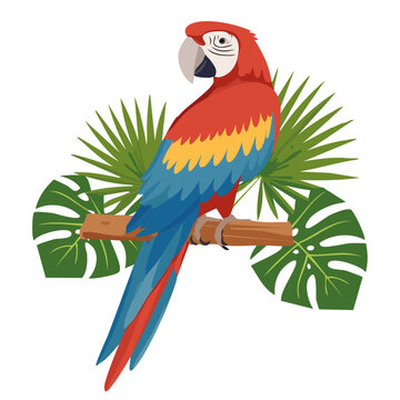 Macaw parrot sitting on a branch vector illustration. Exotic red blue bird on isolated background