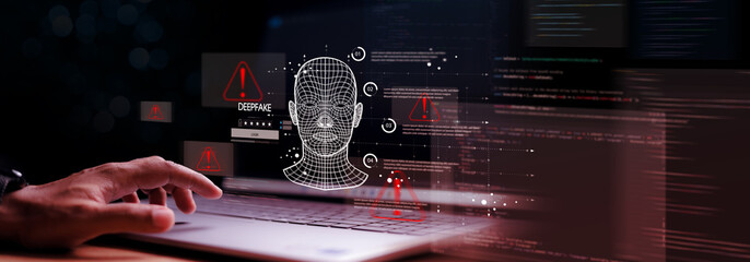 Deepfake concept ,Facial tracking, detection and recognition technology, Security system. Cyber security and Security password login online concept.