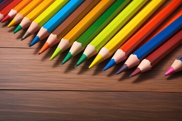 a close up of a row of colored pencils on a wooden surface