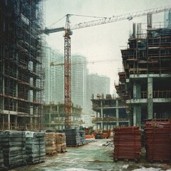 A construction site at night illuminated by floodlights