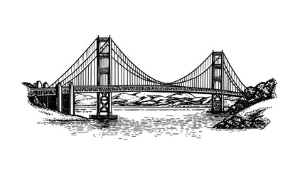 Fototapeta premium Intricate black and white engraved illustration of a majestic suspension bridge spanning a tranquil river with mountains in the backdrop