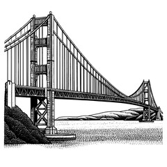 Fototapeta premium Majestic suspension bridge stands tall against tranquil waters and distant hills in an intricate engraved illustration for artistic expression