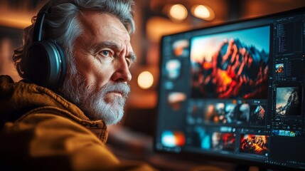 Obraz premium Man wearing headphones is looking at a computer monitor with a picture of mountains on it. The man is focused on the image
