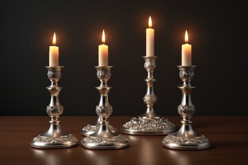 four candles are lit on a table with a dark background
