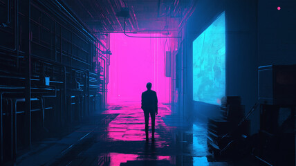 Vibrant Neon Corridor Leads to a Captivating Glow in a Cyberpunk Metropolis at Midnight Generative AI