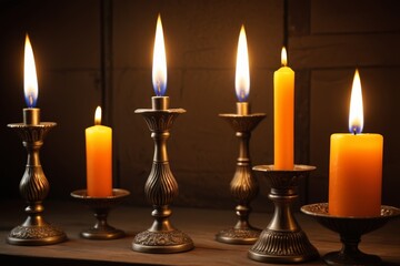 candles are lit in a row on a table with a dark background