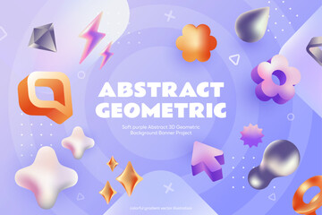 Colorful Soft Purple Abstract 3D Geometric Background Banner, Trendy modern illustration for creative playful marketing landing page, ads , Etc.