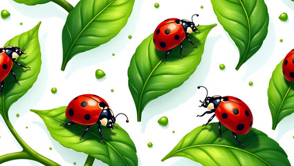 Twirling Ladybugs on Leaves - A seamless pattern of ladybugs spinning atop dewy green leaves.
