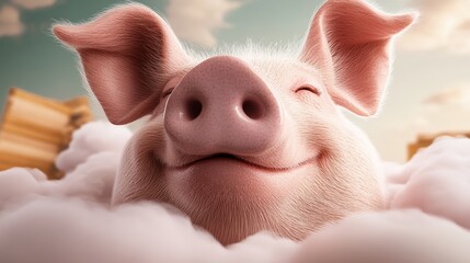 Naklejka premium Pig is smiling and laying in a cloud of white. The pig is happy and relaxed. Concept of joy and contentment