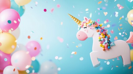 Obraz premium A close up shot of a unicorn shaped pinata filled with candy and confetti, ready to be broken open at a children party, symbolizing fun, excitement, and sweet treats.