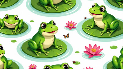 Fototapeta premium Giggling Frogs on Lily Pads - A seamless pattern of frogs lounging and hopping on floating lily pads.