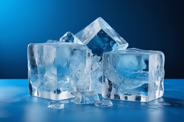 three ice cubes sitting on top of a blue surface