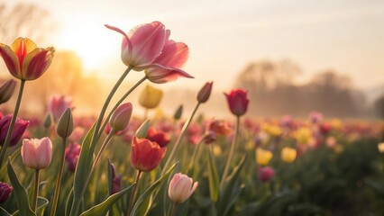 Obraz premium Blurred tulip field with soft sunrise glow and copy space in the center, creating a dreamy atmosphere for viewers to get lost in.