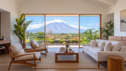 Fototapeta premium Modern Living Room Design with Scenic Mountain View in Background