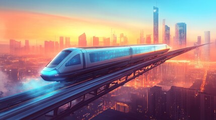 Futuristic train above city at dawn