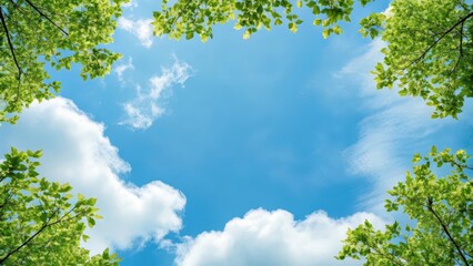 Obraz premium Bright blue sky with soft white clouds and fresh green tree branches, copy space in center.