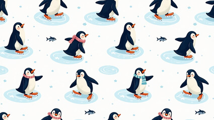 Skating Penguins on Frozen Pond - A seamless pattern of penguins gliding across a shimmering ice pond.