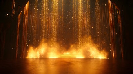 Golden Stage With Sparkling Lights And Dramatic Curtains