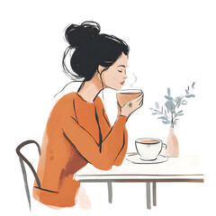 Woman Enjoying Coffee: Cozy Cafe Illustration png