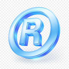 Glass material registered trademark icon. Letter R in a circle isolated on transparent background. 3D vector illustration.