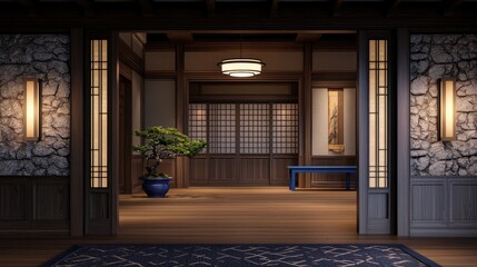 Serene Japanese Interior Design with Plant and Wooden Elements