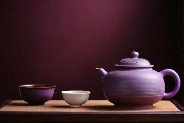 purple teapot and two bowls on a table with a purple wall