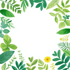 Green foliage border with watercolor leaves and flowers