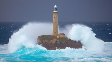 A Lighthouse Enduring The Stormy Waves In The Open Ocean