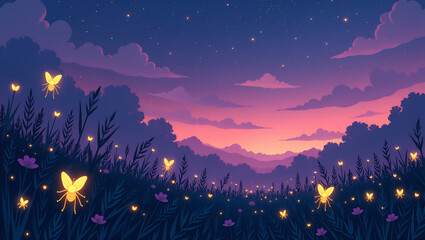 Naklejka premium Glowing Fireflies in Twilight Field - A seamless pattern of fireflies lighting up a dusk meadow.