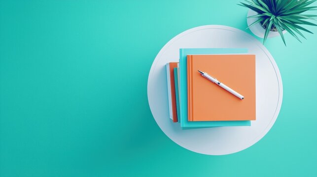 An overhead view of a desk with a neatly organized stack of books, a single pen resting on top, signifying a minimalist approach to work or study.