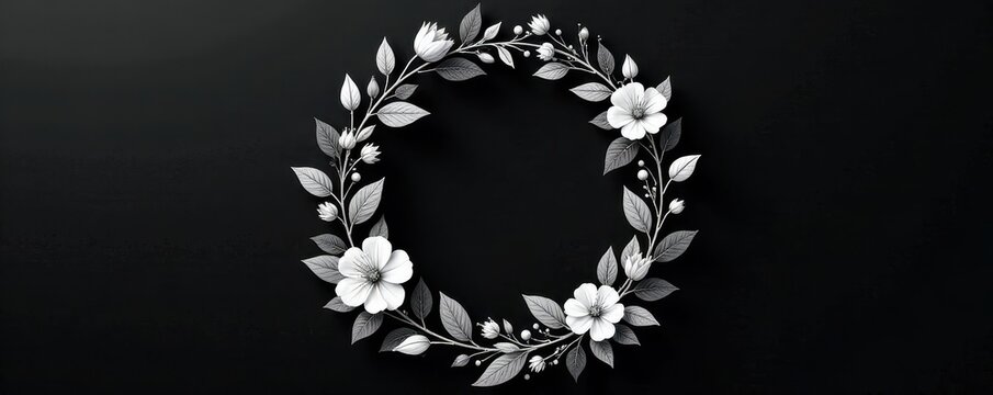 Elegant black and white floral wreath on dark background, background, afterlife, sophisticated