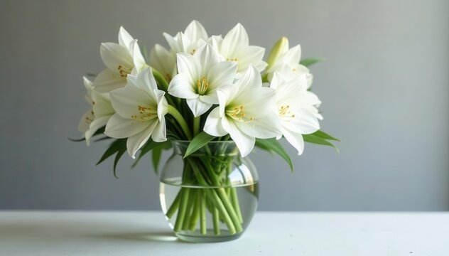 Elegant white amaryllis & silver brunia arrangement in a glass vase , nature, contemporary, new year's eve