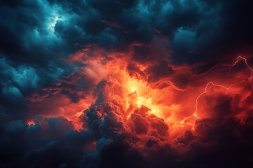 A dramatic night sky with dark clouds and lightning, creating an ominous atmosphere.