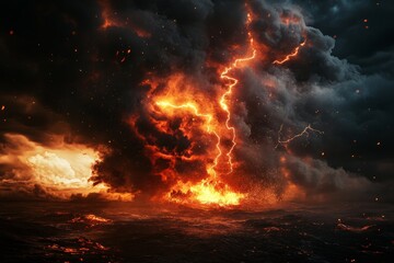 A dramatic night sky with dark clouds and lightning, creating an ominous atmosphere.