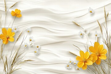 A serene background featuring yellow flowers and delicate grasses on a textured pale surface, evoking a calm and natural aesthetic.