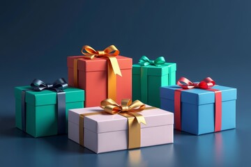 three colorful gift boxes with bows and ribbons on a blue background