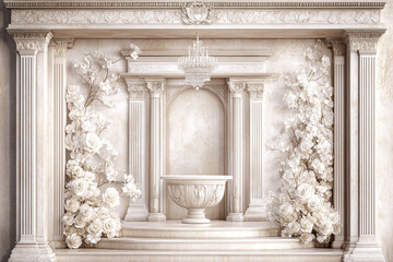Obraz premium A beautifully ornate wall with columns, a central fountain, and delicate white floral decorations, exuding elegance and tranquility.