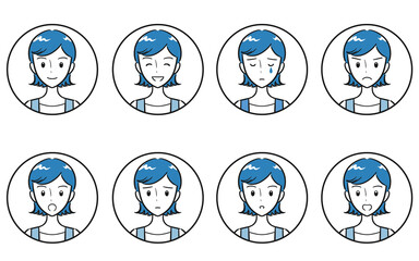 若い女性・主婦の喜怒哀楽・様々な表情のアイコンセット　シンプル