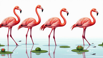 Obraz premium Swaying Flamingos in Pink Lagoon - A seamless pattern of flamingos wading and dancing in shallow waters.