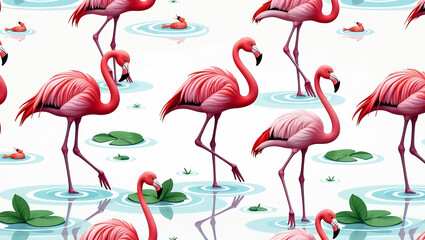 Swaying Flamingos in Pink Lagoon - A seamless pattern of flamingos wading and dancing in shallow waters.