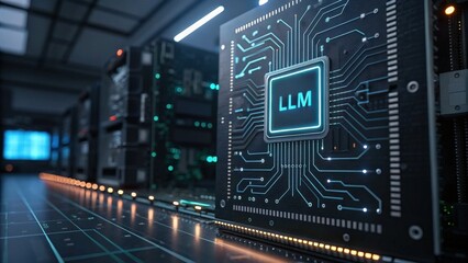 High-tech circuit board with glowing components in a modern data center environment.