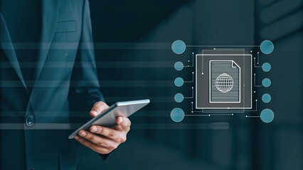 A businessman uses a smartphone with digital document graphics in a modern office setting.