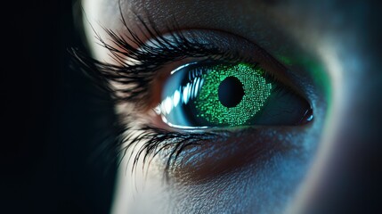 Fototapeta premium A close up shot of a human eye illuminated by a grid of bright green lasers during a high tech biometric scan, set against a dark background.