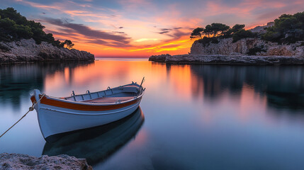 Serene sunset landscape with calm waters and a small boat at rest sea sky pink blue ocean rocks coast