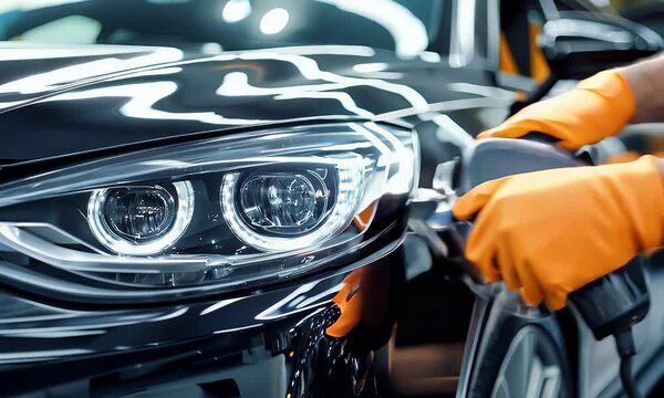Car detailing and polishing concept, hands of a professional male car service worker wearing bright orange gloves, polishing machine to buff the glossy black surface of a luxury car